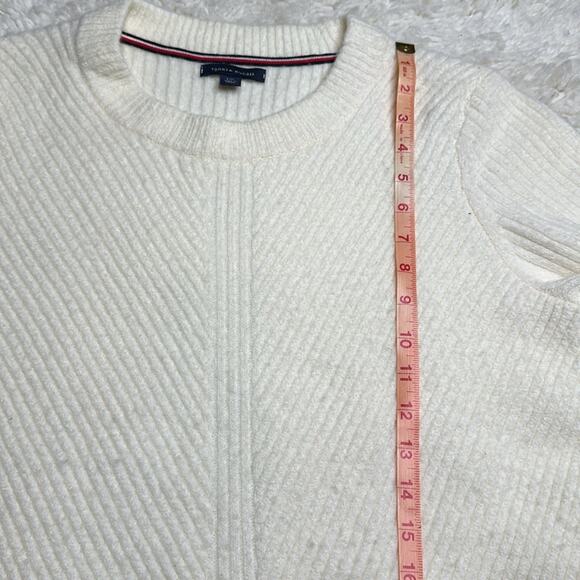 Tommy Hilfiger White Cream Texture Fuzzy Sweater Navy Red Detailing Wool Blend - Picture 8 of 11